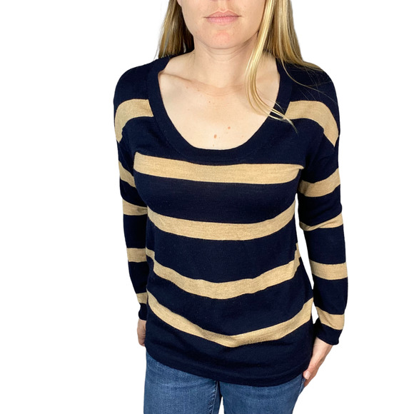Willi Smith Merino Wool Navy Tan Striped Sweater Size Small - Picture 9 of 9